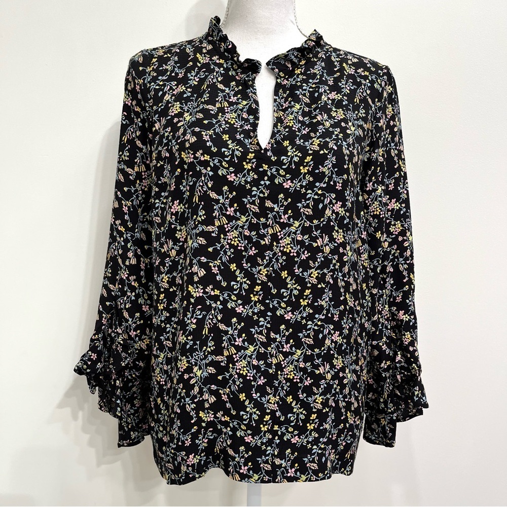 Baum und Pferdgarten Black Floral Viscose Blouse Top Ruffle Sleeves Size 36 US 6
